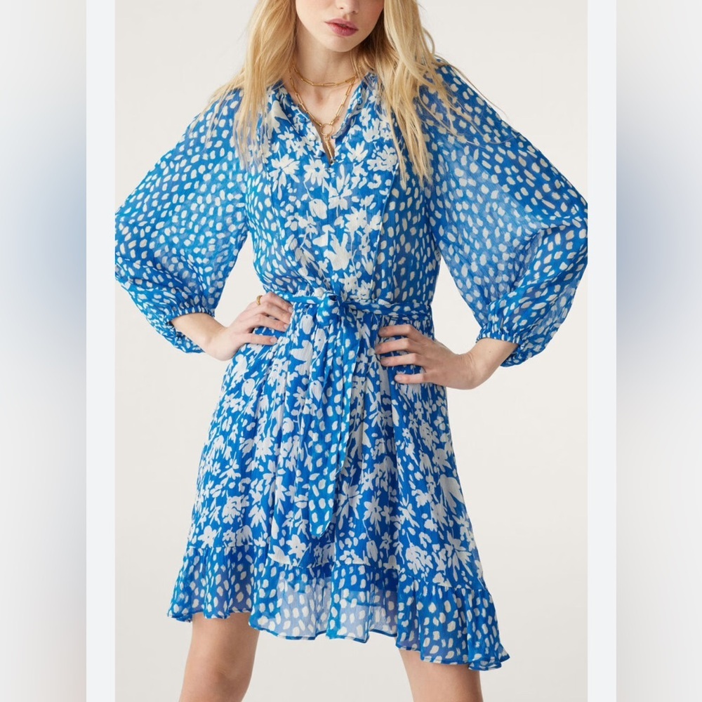 BA&SH Fiona Belted Mini Dress Blue Floral Chiffon Flowy Long Sleeve Size S